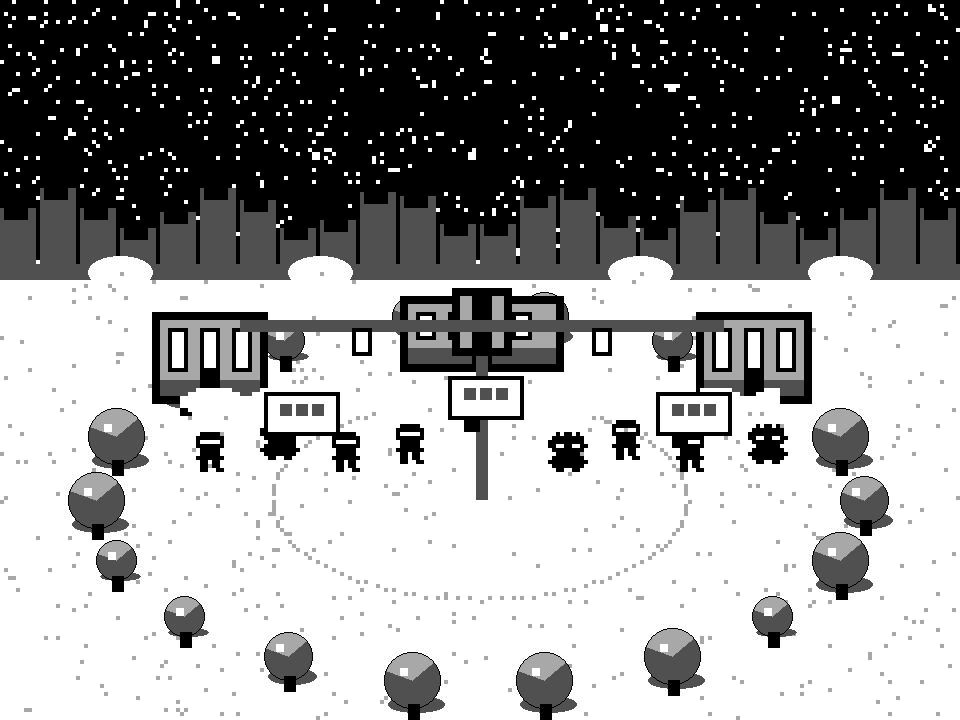 The Commons at night, lanterns, listening party, territories glowing at the horizon, starfield above