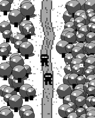 Pixel art wanderer walking between two glowing artist territories at night