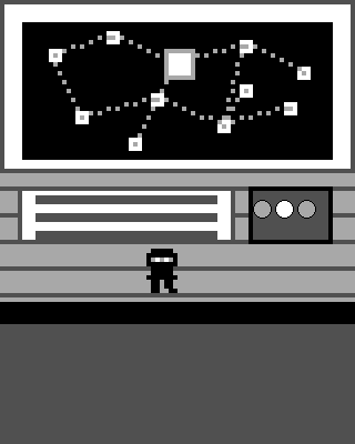 Pixel art listener standing in their hut facing the Constellation Wall — a glowing map of visited territories connected by dotted sonic paths